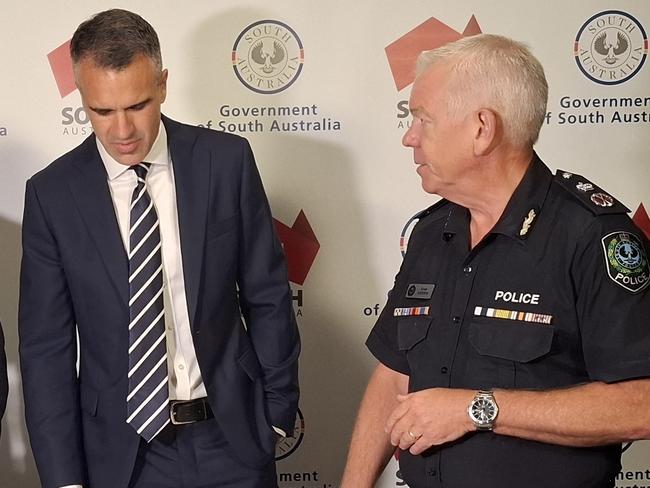 Caption: Premier Peter Malinauskas, Attorney General Kyam Maher, Treasurer of South Australia Stephen Mullighan and Police commissioner Grant Stevens discussing the proposed new laws to tackle knife crime, set to be introduced to parliament this week.