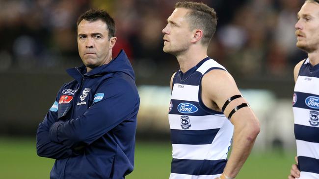 Geelong coach Chris Scott and captain Joel Selwood. Picture: Michael Klein