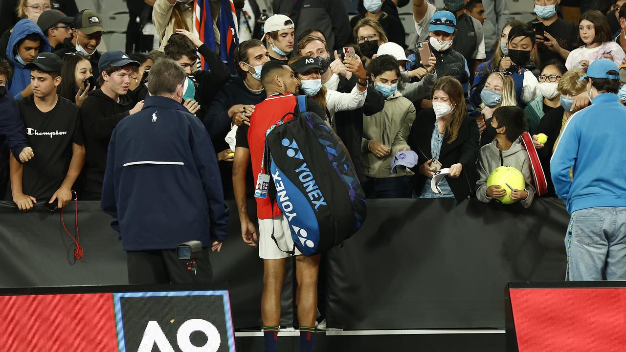 Nick Kyrgios with his fans after the match. Picture: Getty Images
