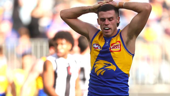 PERTH, AUSTRALIA - JUNE 03: Jake Waterman of the Eagles looks on during the round 12 AFL match between West Coast Eagles and Collingwood Magpies at Optus Stadium, on June 03, 2023, in Perth, Australia. (Photo by Paul Kane/Getty Images)