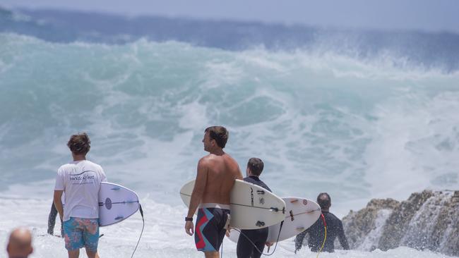 Surfers enjoying the larger swell at Snapper Rocks on Sunday 2 January 2022. Picture: Jerad Williams
