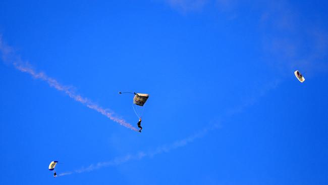 17th October 2020, Grand Final Sky Divers arrive in the stadium during the Gold Coast Rugby League A-Grade Grand Final between the Runaway Bay Seagulls and the Burleigh Bears played at CBus Stadium Photo: Scott Powick Newscorp