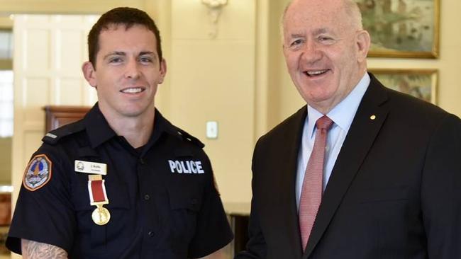 Constable Zach Rolfe receives his bravery award in April from then governor-general Peter Cosgrove.