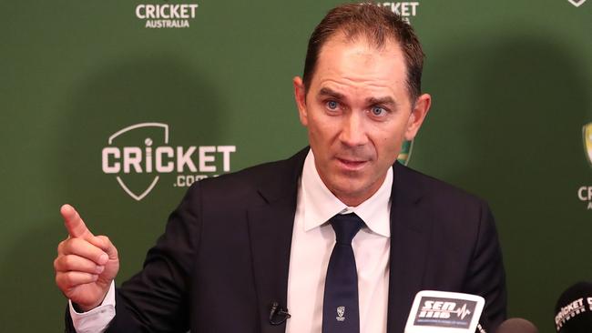 Justin Langer speaks to the media after being unveiled yesterday as Australia’s new cricket coach. Picture: Getty Images