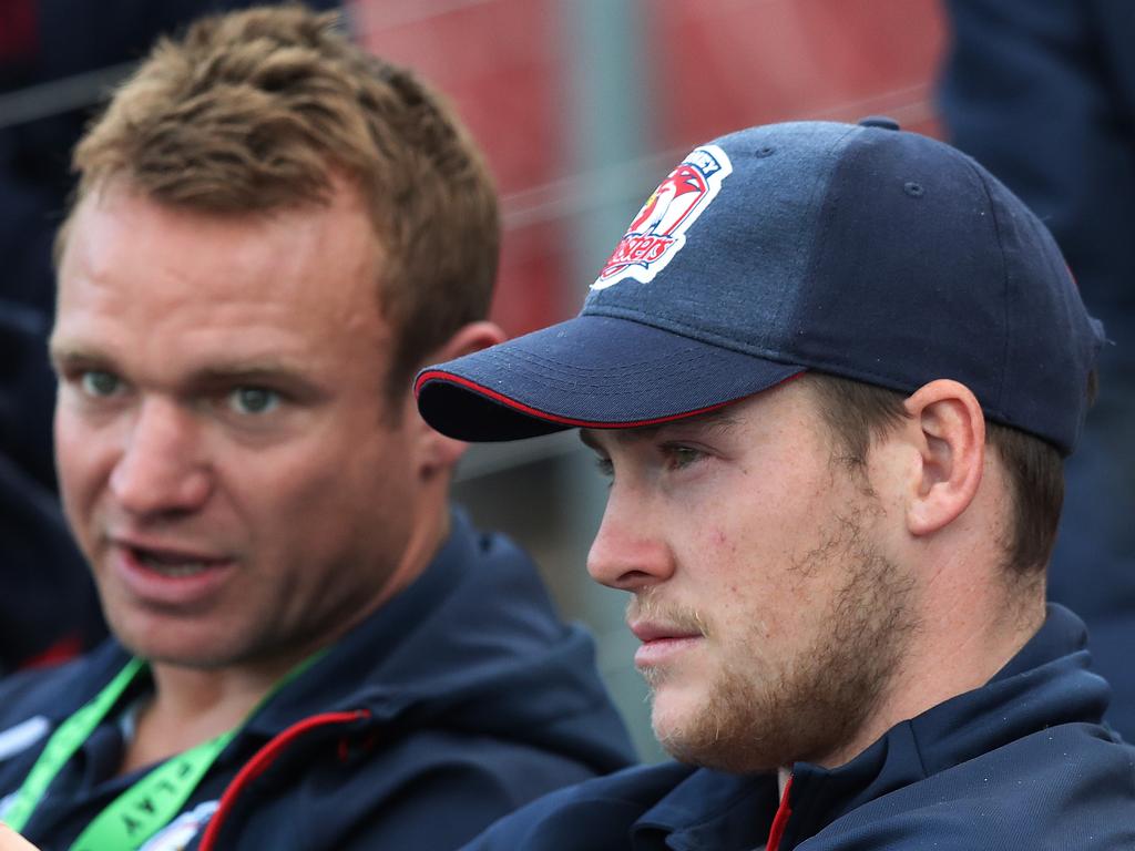 Roosters Luke Keary watches on during the Penrith v Sydney Roosters NRL match at Penrith Stadium, Sydney. Picture: Brett Costello