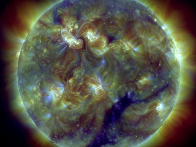 This handout image provided by NASA on March 7, 2012, shows a color-coded image combines observations made by NASA's Solar Dynamics Observatory in several extreme ultraviolet wavelengths, highlighting a bright X-class flare toward the upper left of the sun's disk on March 6. This flare was categorized as an X5.4, making it the second largest flare -- after an X6.9 on August 9, 2011. A pair of steamy explosions on the Sun's surface in recent days is sparking the biggest radiation and geomagnetic storm the Earth has experienced in five years, space weather experts said March 7. The full brunt of the storm is expected to hit Earth early Thursday US time and last through Friday, potentially disrupting power grids, GPS systems, satellites, and forcing airplanes to change their routes around the polar regions. = RESTRICTED TO EDITORIAL USE - MANDATORY CREDIT |AFP PHOTO / NASA| - NO MARKETING NO ADVERTISING CAMPAIGNS - DISTRIBUTED AS A SERVICE TO CLIENTS =