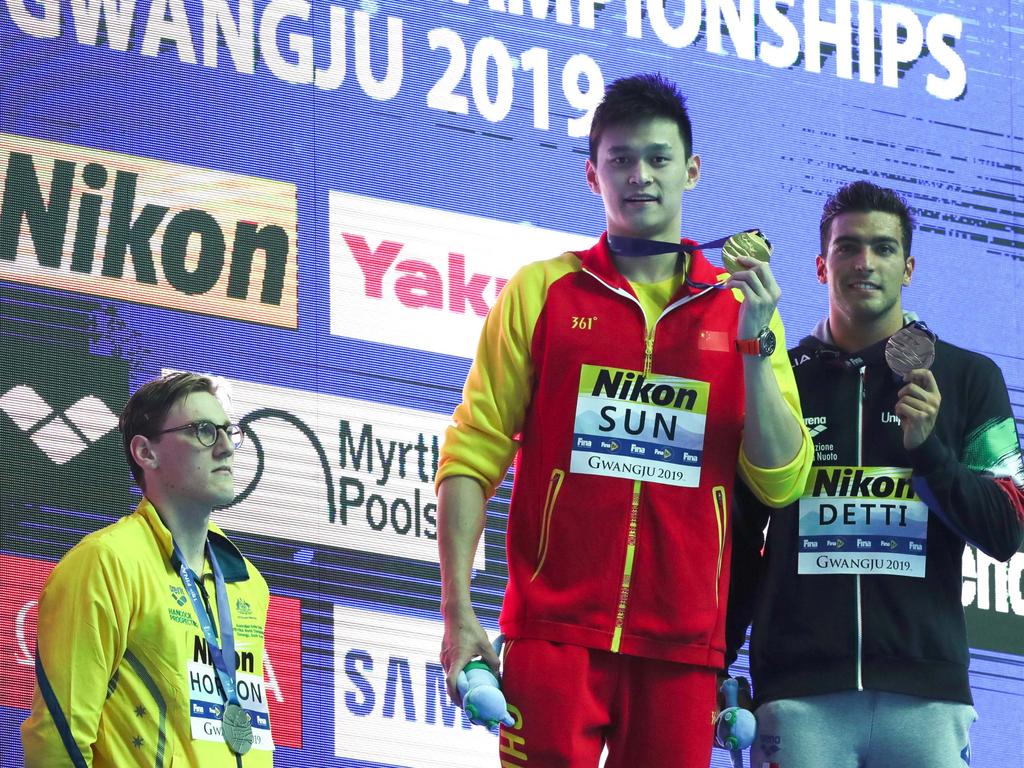 Mack Horton famously refused to join Sun Yang on the podium when he won gold while under investigation for tampering with samples. Picture: VCG via Getty Images