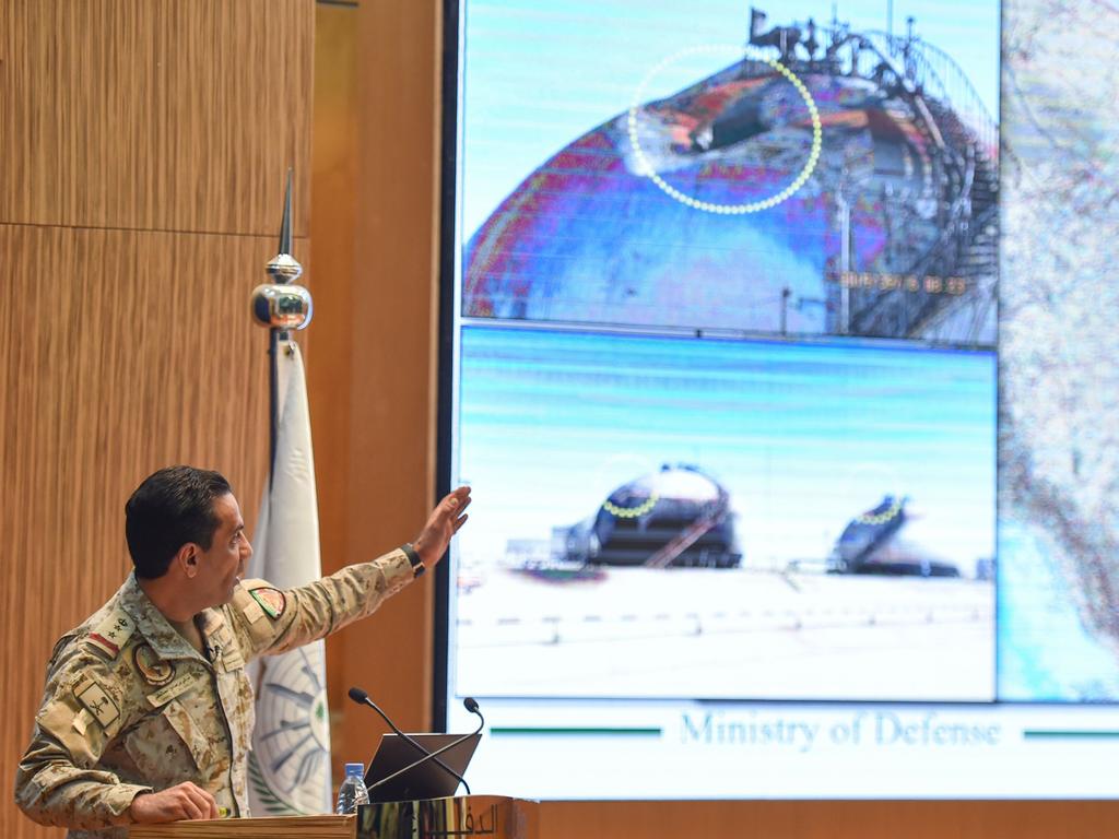 Saudi Colonel Turki bin Saleh al-Malki presents data about the attack. Picture: Fayez Nureldine / AFP.