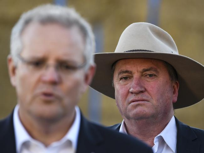 Drought envoy Barnaby Joyce attends a news conference with Australian Prime Minister Scott Morrison during an announcement at Royalla near Canberra, Thursday, September 20, 2018. (AAP Image/Lukas Coch) NO ARCHIVING