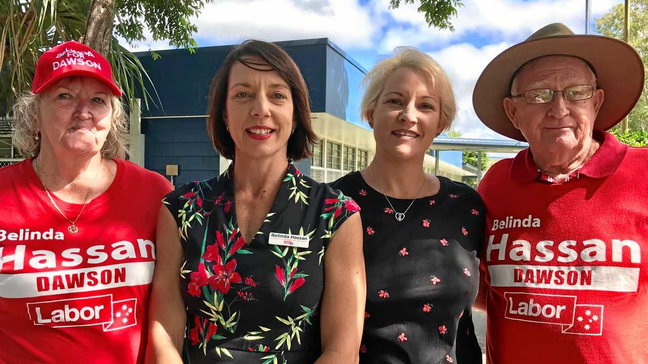 Dorothy Colby, Belinda Hassan, Juanita Colby and Peter Colby at the Bucasia State School polling station. Picture: Angela Seng