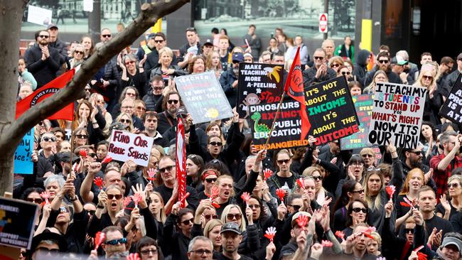 Teachers protest outside Parliament House during one-day strike earlier in the month. Picture: NCA NewsWire / Kelly Barnes