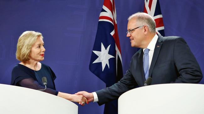 Prime Minister Scott Morrison (R) announcing Ita Buttrose's (L) appointment as the new ABC chair in February last year. Hollie Adams/The Australian