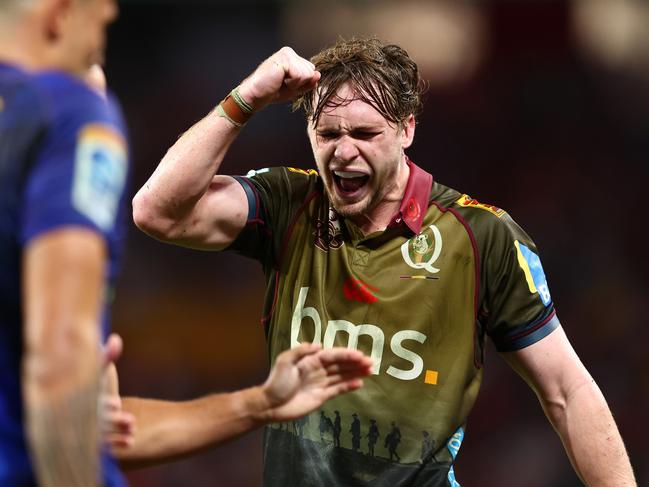 BRISBANE, AUSTRALIA - APRIL 25:  Tim Ryan of the Reds celebrates during the round 11 Super Rugby Pacific match between Queensland Reds and Blues at Suncorp Stadium, on April 25, 2025, in Brisbane, Australia. (Photo by Chris Hyde/Getty Images)