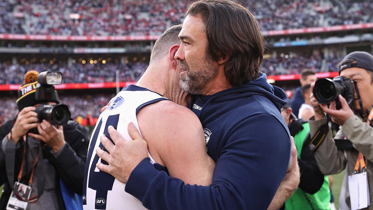 Joel Selwood and Chris Scott embrace after the final siren. Picture: Cameron Spencer/AFL Photos/via Getty Images