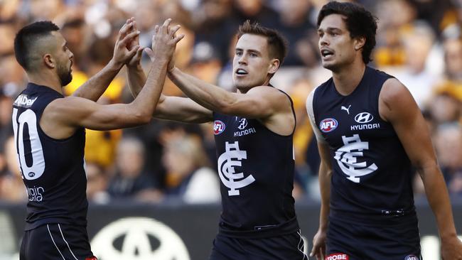 Matthew Owies (middle) has been a nice find for Carlton this year. Picture: Getty Images