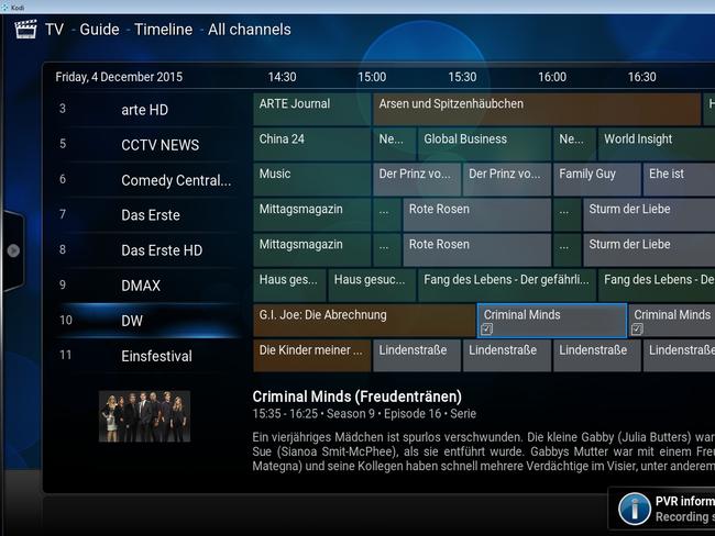 A DVBLogic program guide displayed using Kodi home theatre software. Software developer DVBLink says it is readying its TV guide along with recording and playback capabilities for Apple TV.