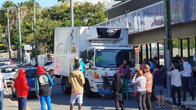 Activists protest outside a Kangaroo Point hotel in Brisbane. Picture: Nathan Edwards