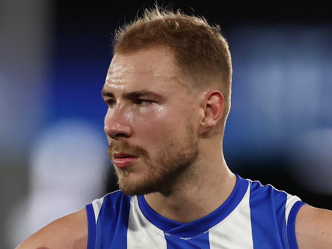 MELBOURNE, AUSTRALIA - July 16. AFL.    Ben McKay of the Kangaroos  after the round 18 AFL match between North Melbourne and Hawthorn at Marvel Stadium, on July 16, 2023, in  Melbourne, Australia. Photo by Michael Klein.