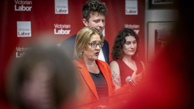 Werribee By-election Labor after/election party at Centrals Cricket Club, Galvin Park. Premier Jacinta Allen and John Lister speak to supporters. Picture: Jake Nowakowski