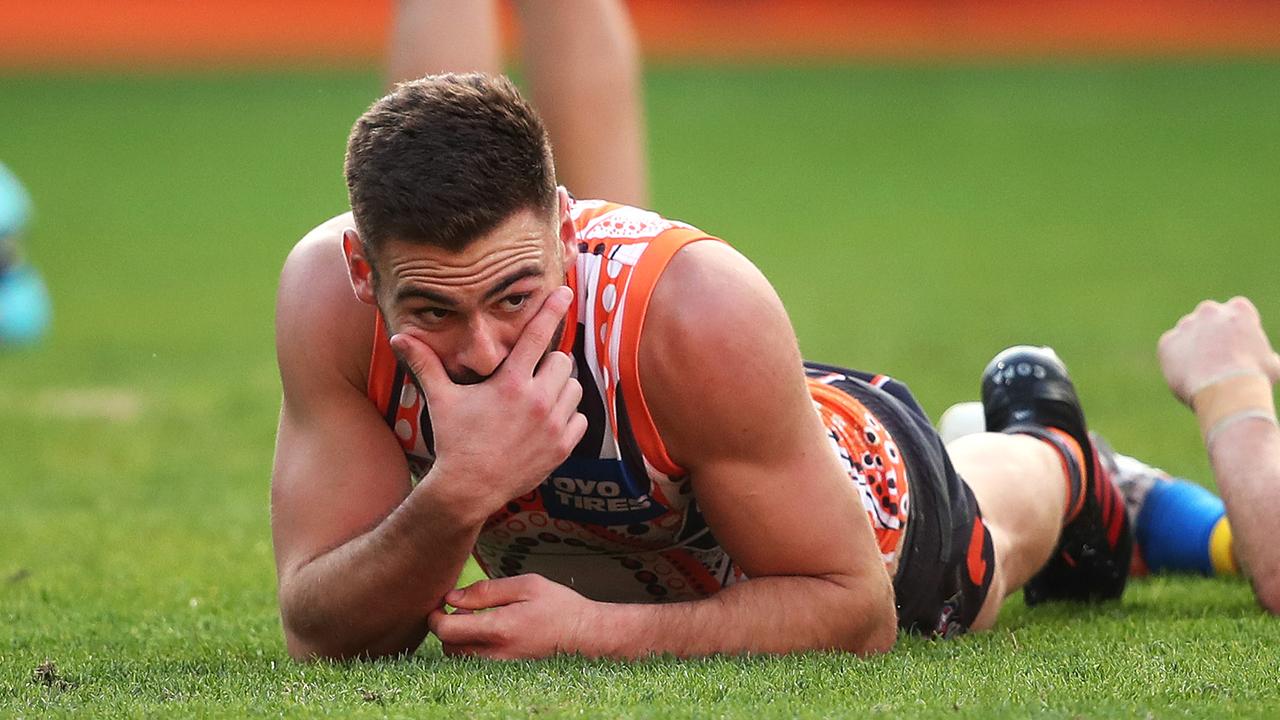 Giants Stephen Coniglio does his trademark celebration this season.