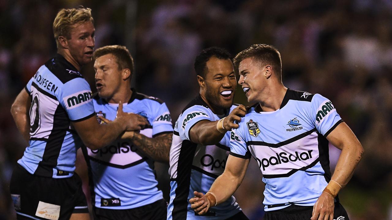 Jayden Brailey celebrates scoring for the Sharks last year