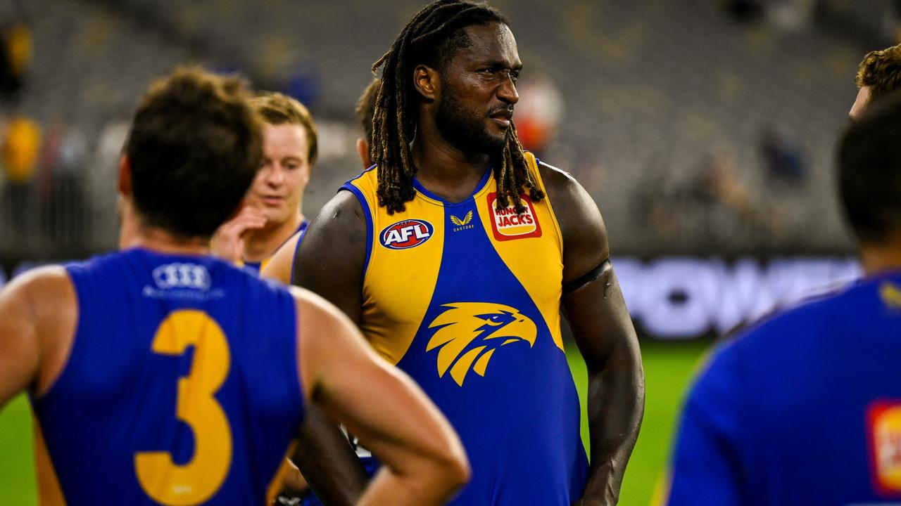 PERTH, AUSTRALIA - MARCH 20: Nic Naitanui of the Eagles looks dejected after a loss during the 2022 AFL Round 01 match between the West Coast Eagles and the Gold Coast Suns at Optus Stadium on March 20, 2022 In Perth, Australia. (Photo by Daniel Carson/AFL Photos via Getty Images)