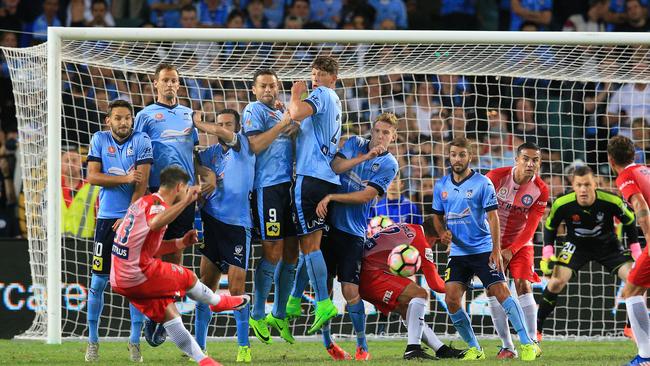 Bruno Fornaroli takes a free kick in his side’s loss to Sydney FC. Picture: Mark Evans