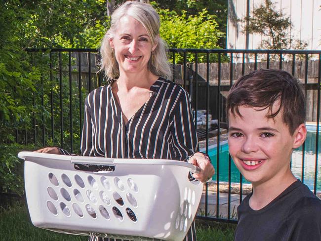 Christy Jones pays her three sonsJackson, 12, (in withe) Oliver, 12 (in black) and Toby 11(in blue) poses for portrait at their house in North Wahroonga on 14/02/2020.Story is on how much Australians pay their kids pocket money for doing jobs.(Daily Telegraph / Flavio Brancaleone)