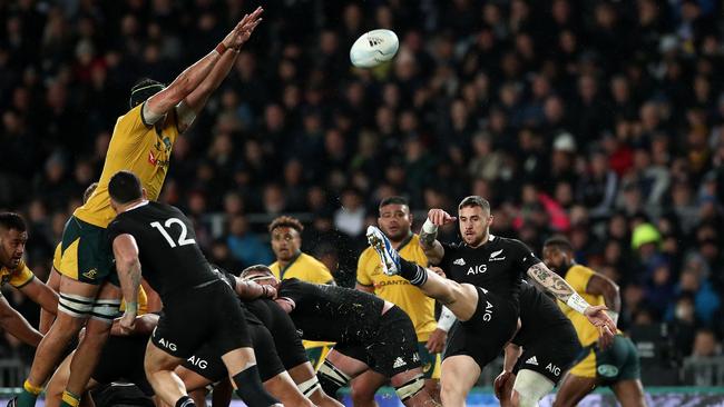 All Blacks halfback TJ Perenara kicks on Saturday night. Picture: Getty Images