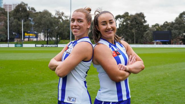 Tasmanians Mia King and Nicole Bresnehan will play their 50th AFLW games for North Melbourne in the season opener agianst Brisbane. Picture: Nathan John/NMFC