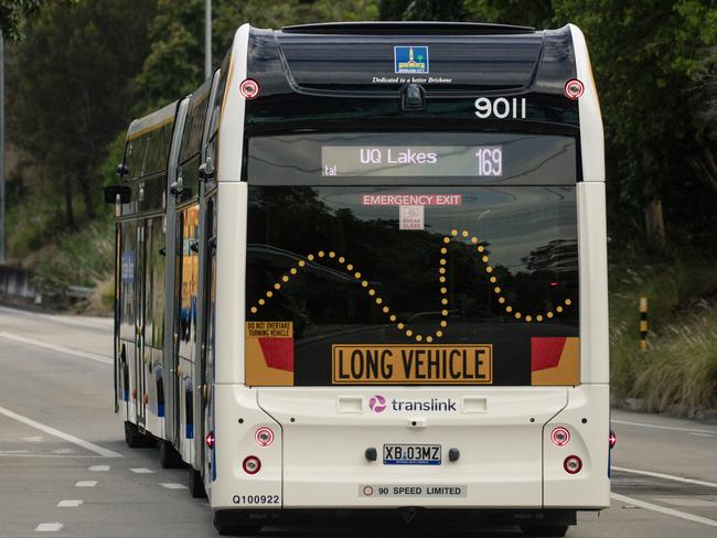 A Brisbane Metro vehicle on the busy 169 bus route between Eight Mile Plains and UQ. Picture: Glenn Campbell/NCA NewsWire