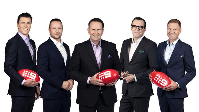 The Sunday Footy Show panellists Matthew Lloyd, Nathan Brown, Tony Jones, Damian Barrett and Kane Cornes. Picture: Channel 9/Supplied