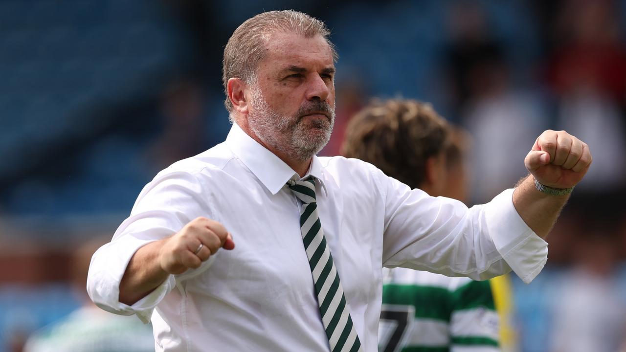 KILMARNOCK, SCOTLAND - AUGUST 14: Celtic manager Ange Postecoglou celebrates at the end of the game during the Cinch Scottish Premiership match between Kilmarnock FC and Celtic FC at on August 14, 2022 in Kilmarnock, Scotland. (Photo by Ian MacNicol/Getty Images)