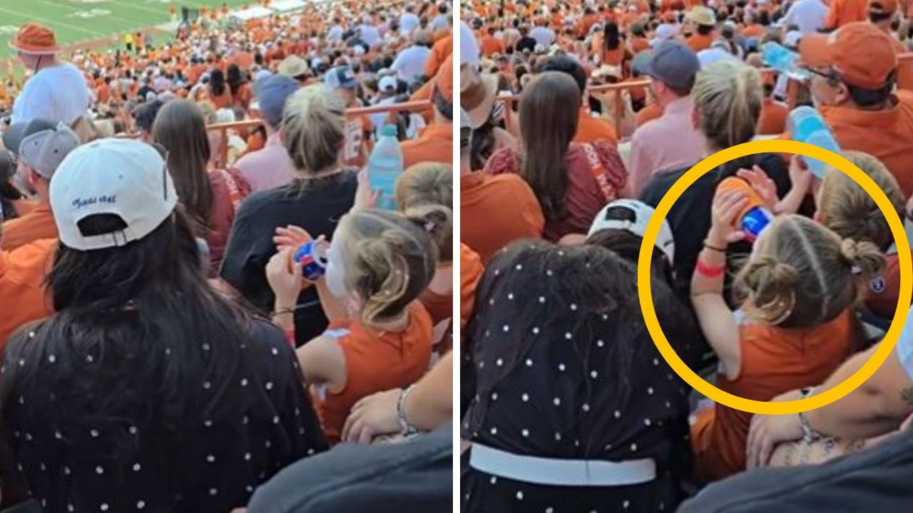 Little girl chugs a beer at a college football game. Photos: Twitter