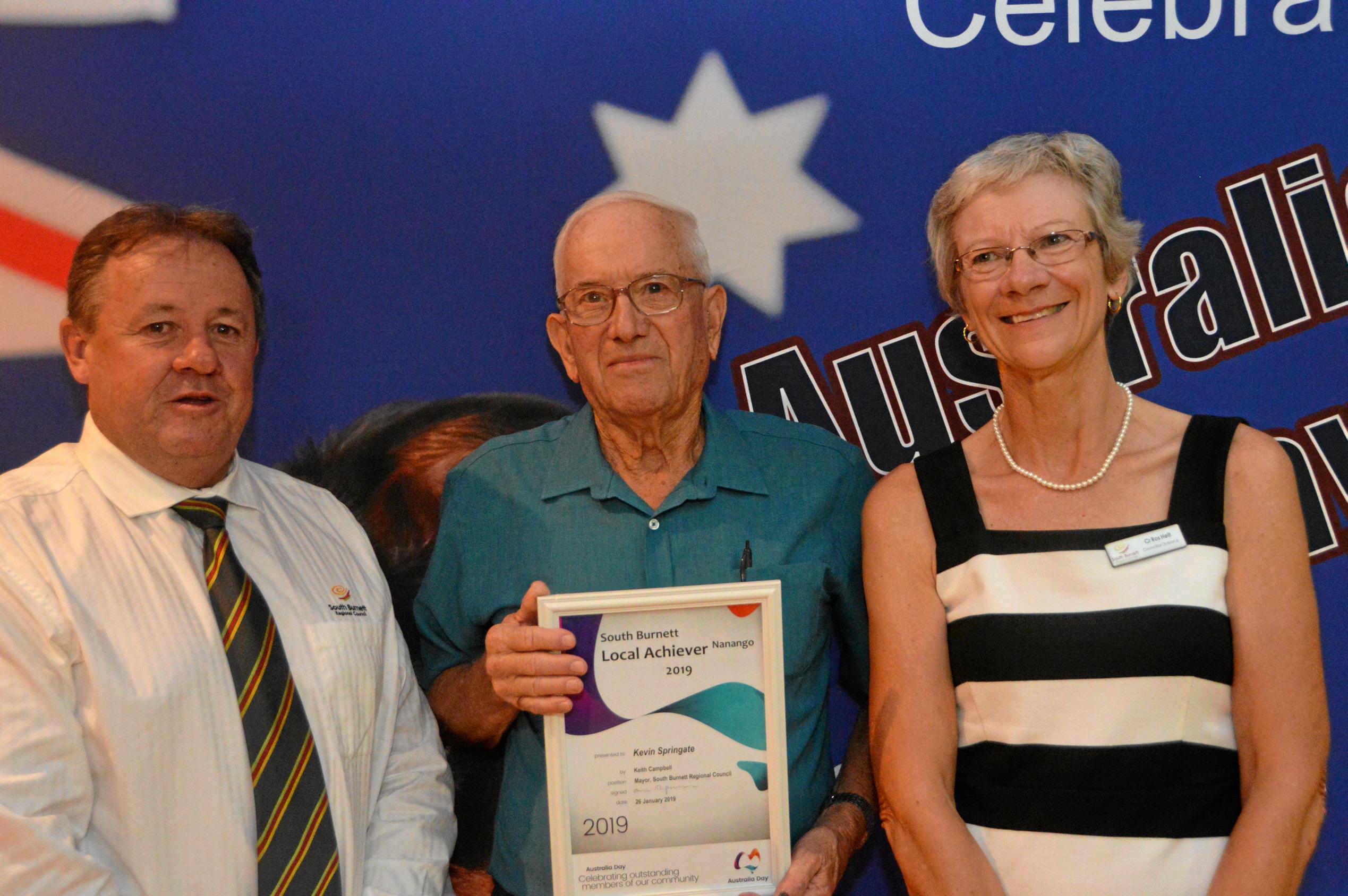 Winner of the Nanango Local Achiever Award Kevin Springate with Cr Ros Heit and Cr Gavin Jones at the South Burnett Australia Day awards 2019. Picture: Claudia Williams