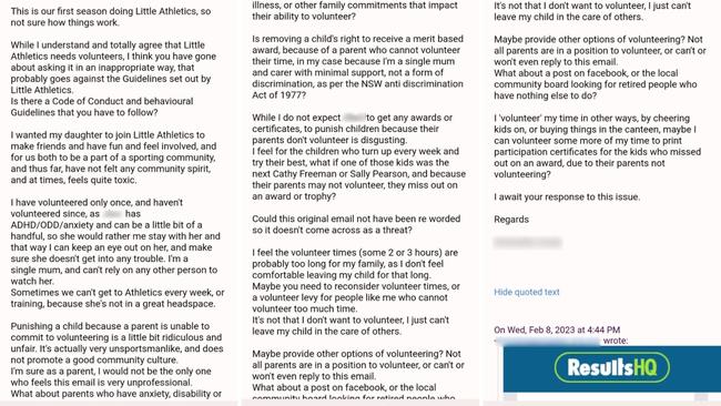 The email Jane sent to her little athletics club. Picture: Supplied