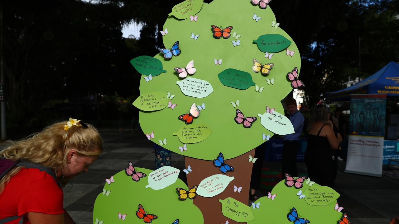 Each butterfly represents a person in Queensland killed due to domestic violence in the past 12 months. Community members were encouraged to write messages of hope on the leaves. Picture: Elodie Jakes