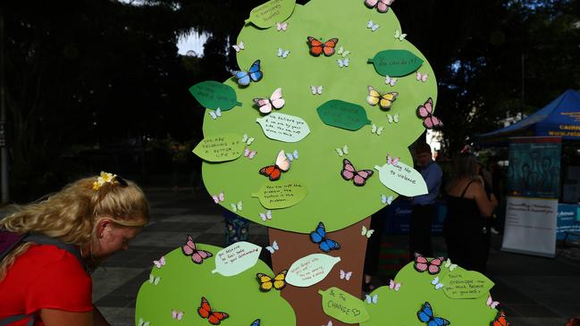 Each butterfly represents a person in Queensland killed due to domestic violence in the past 12 months. Community members were encouraged to write messages of hope on the leaves. Picture: Elodie Jakes