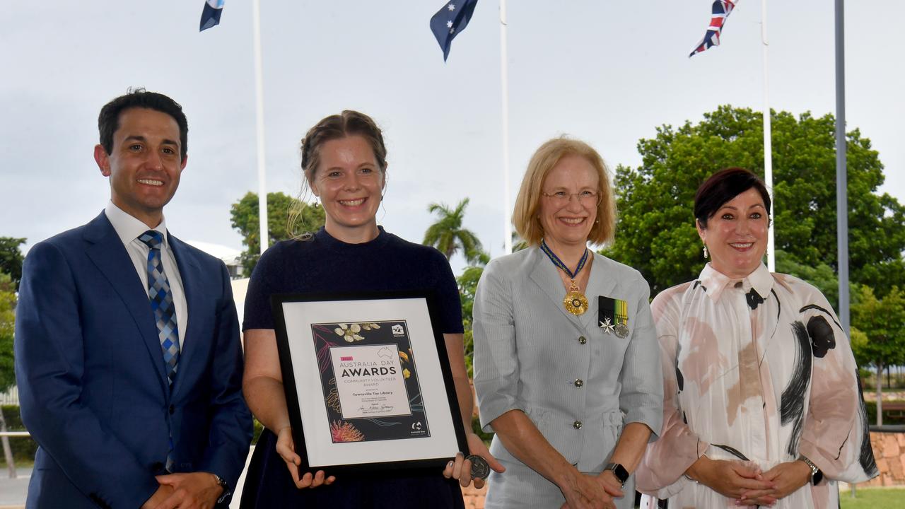 Australia Day at Jezzine Barracks, Townsville. Townsville City Council Australia Day Awards. Premier David Crisafulli, Community Volunteer Award winner Townsville Toy Library volunteer coordinator Marleene Meerwood, Governor Jeanette Young and Deputy Mayor Ann-Maree Greaney. Picture: Evan Morgan