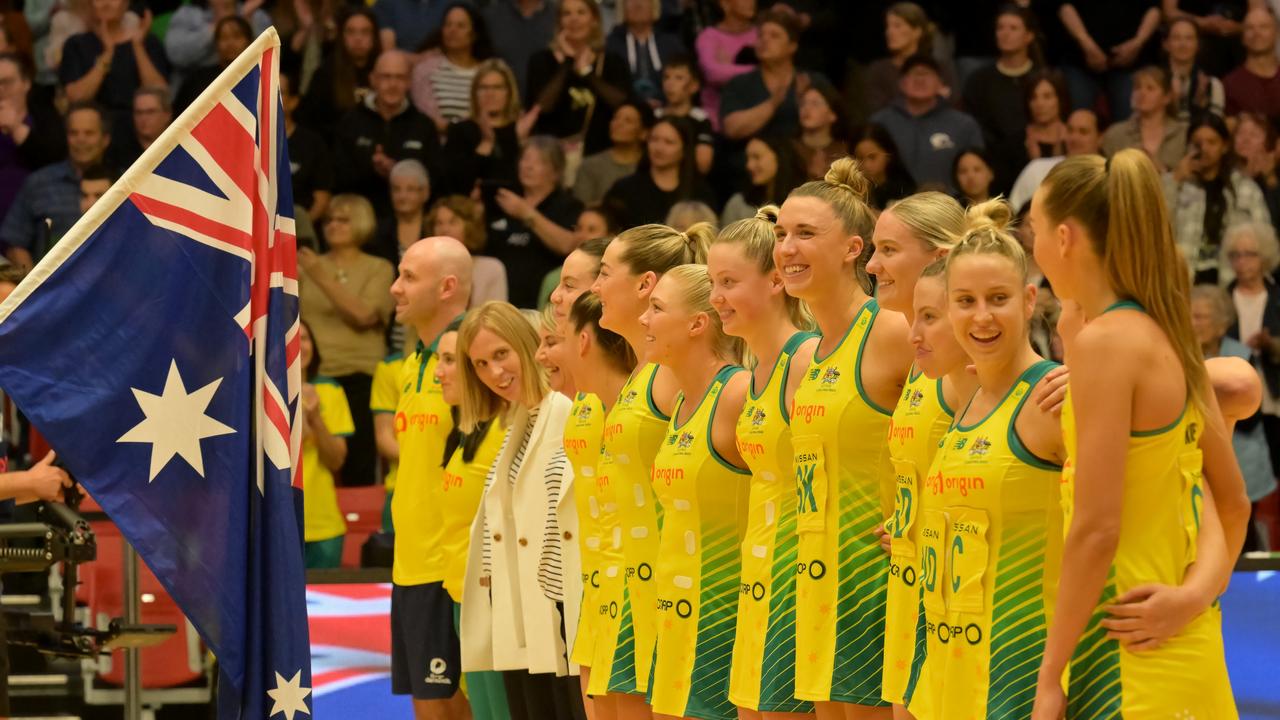 The Australia Diamonds have once again taken the court without the Hancock Prospecting logo on their dresses. Picture: Getty Images.