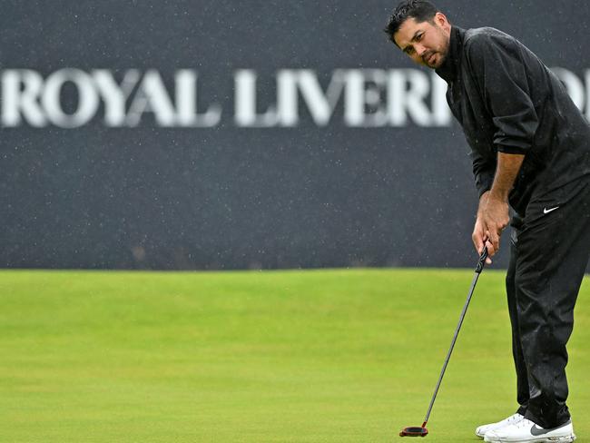 Australia's Jason Day putts on the 18th green on day four of the 151st British Open Golf Championship at Royal Liverpool Golf Course in Hoylake, north west England on July 23, 2023. (Photo by Glyn KIRK / AFP) / RESTRICTED TO EDITORIAL USE