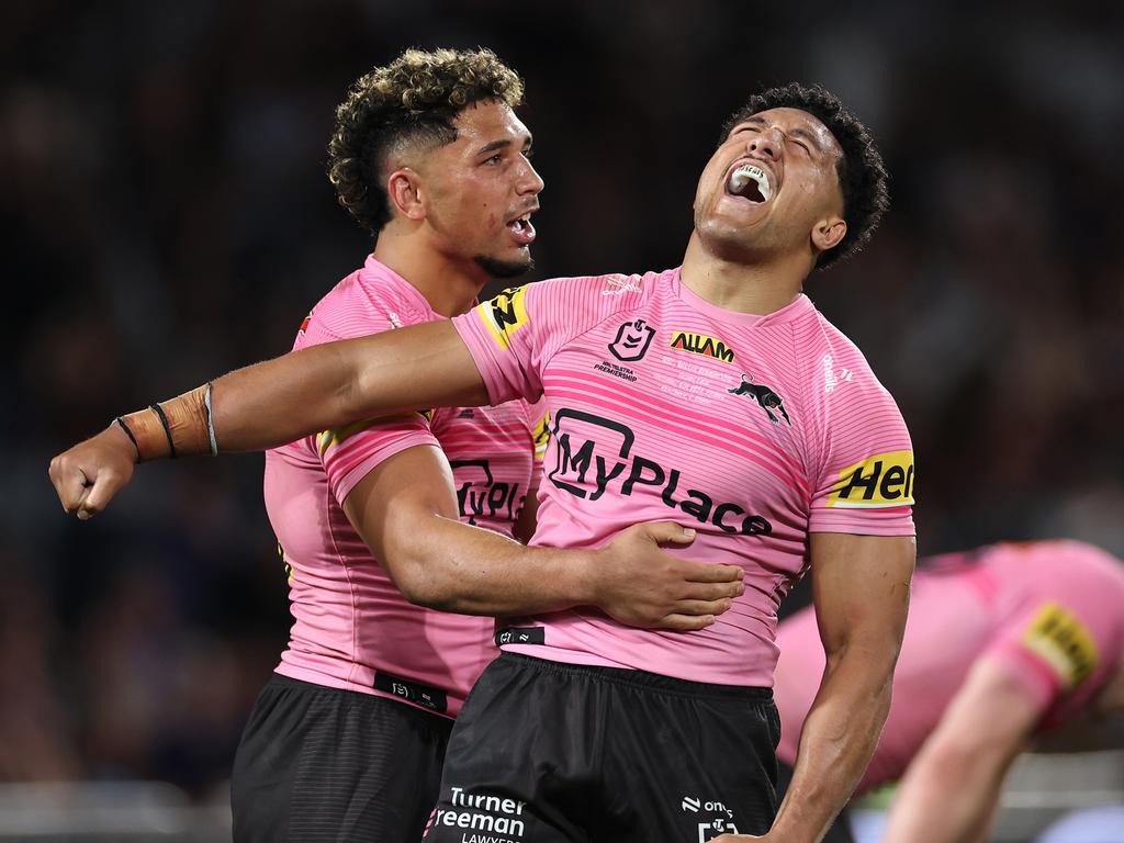 Paul Alamoti celebrates winning the 2024 NRL grand final. Picture: Cameron Spencer/Getty Images