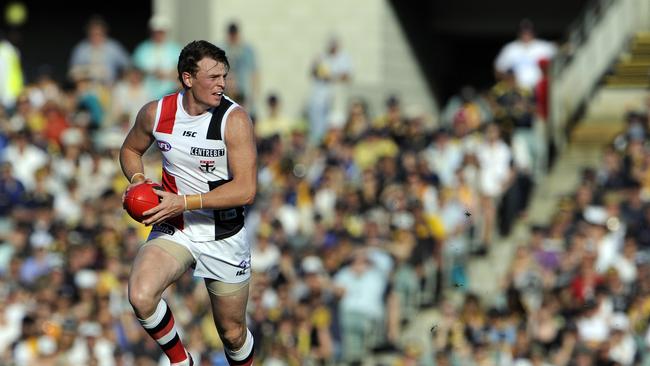 AFL - West Coast Eagles vs St Kilda Saints at Patersons Stadium, Perth. PICTURED- Saint Brendan Goddard looks down field.