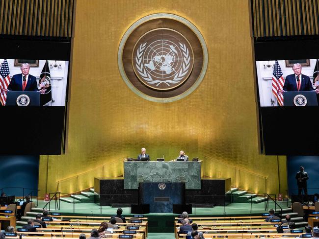 US President Donald Trump addresses the general debate of the seventy-fifth session of the United Nations General Assembly via video. Picture: AFP