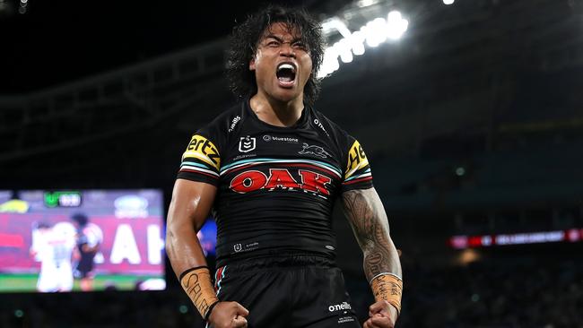 Brian To'o of the Panthers celebrates after scoring a try. Picture: Brendon Thorne/Getty Images