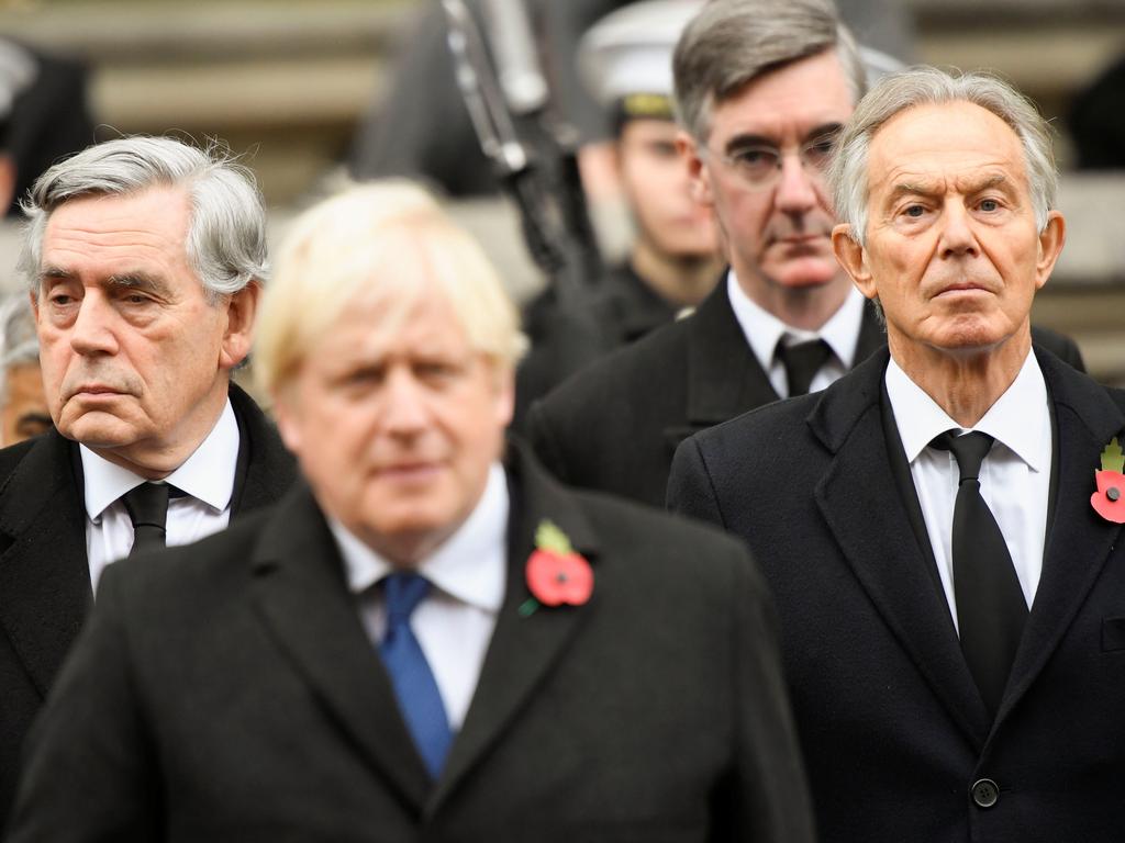 UK British Prime Minister Boris Johnson (C), former UK Prime Minister Tony Blair (R) and former UK Prime Minister Gordon Brown (L) attend the annual National Service of Remembrance at the Cenotaph in Whitehall. Picture: Getty Images