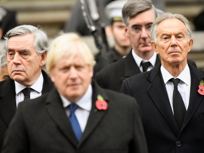 UK British Prime Minister Boris Johnson (C), former UK Prime Minister Tony Blair (R) and former UK Prime Minister Gordon Brown (L) attend the annual National Service of Remembrance at the Cenotaph in Whitehall. Picture: Getty Images