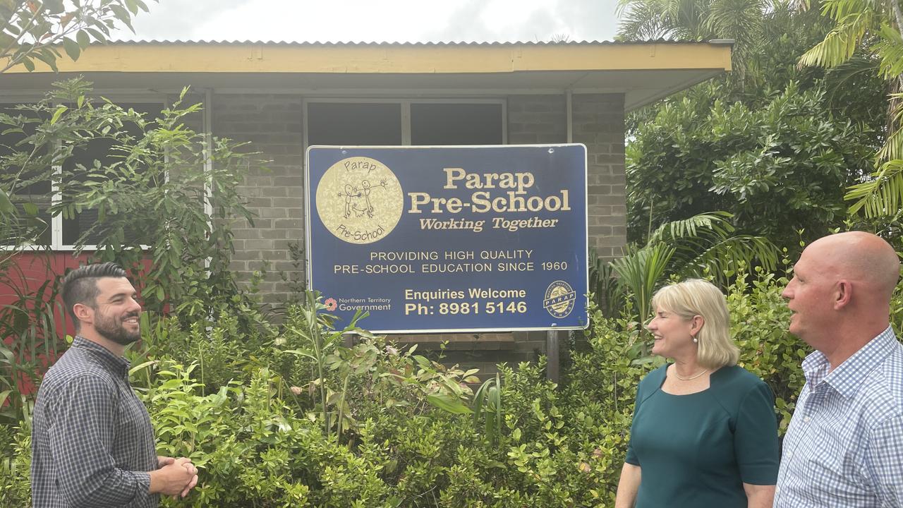 Brent Potter, Eva Lawler, Paul Eustance outside Parap Preschool. Picture: Monique Van Der Heyden