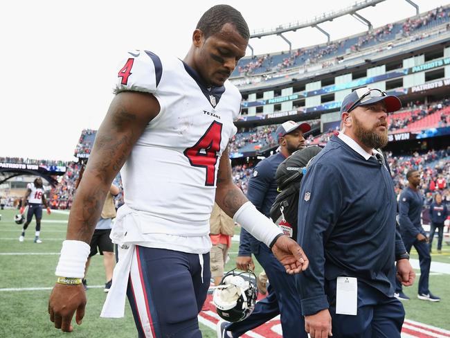 FOXBOROUGH, MA - SEPTEMBER 09: Deshaun Watson #4 of the Houston Texans walks off the field after being defeated by the New England Patriots 27-20 at Gillette Stadium on September 9, 2018 in Foxborough, Massachusetts.   Maddie Meyer/Getty Images/AFP == FOR NEWSPAPERS, INTERNET, TELCOS & TELEVISION USE ONLY ==