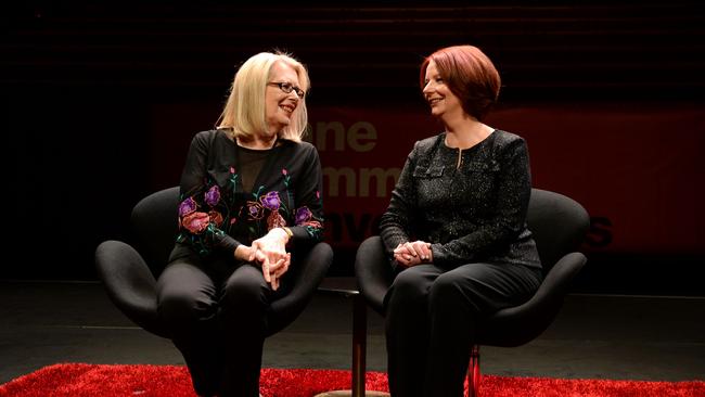 Former Prime Minister Julia Gillard poses for a photograph with author Anne Summers prior to a televised interview in front of a live audience at the Sydney Opera House last year. Picture: AAP